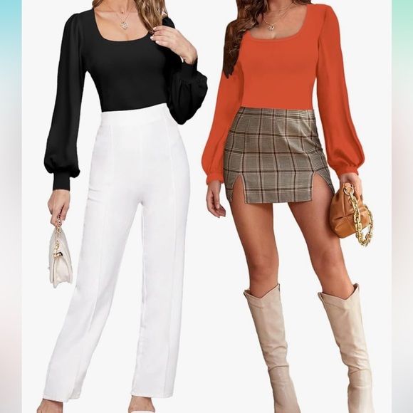 NWT MANGOPOP Square Neck Bodysuit Loose Long PuffedLantern Sleeve Body Suit, Med - Picture 4 of 11